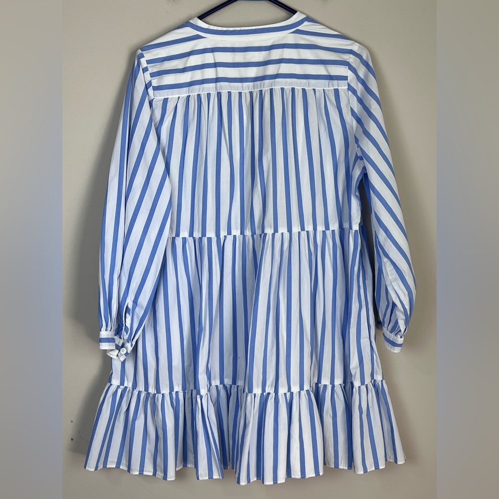 J. Crew Tiered Cotton Poplin Long Sleeve Dress Blue White Stripe Med - Picture 6 of 8
